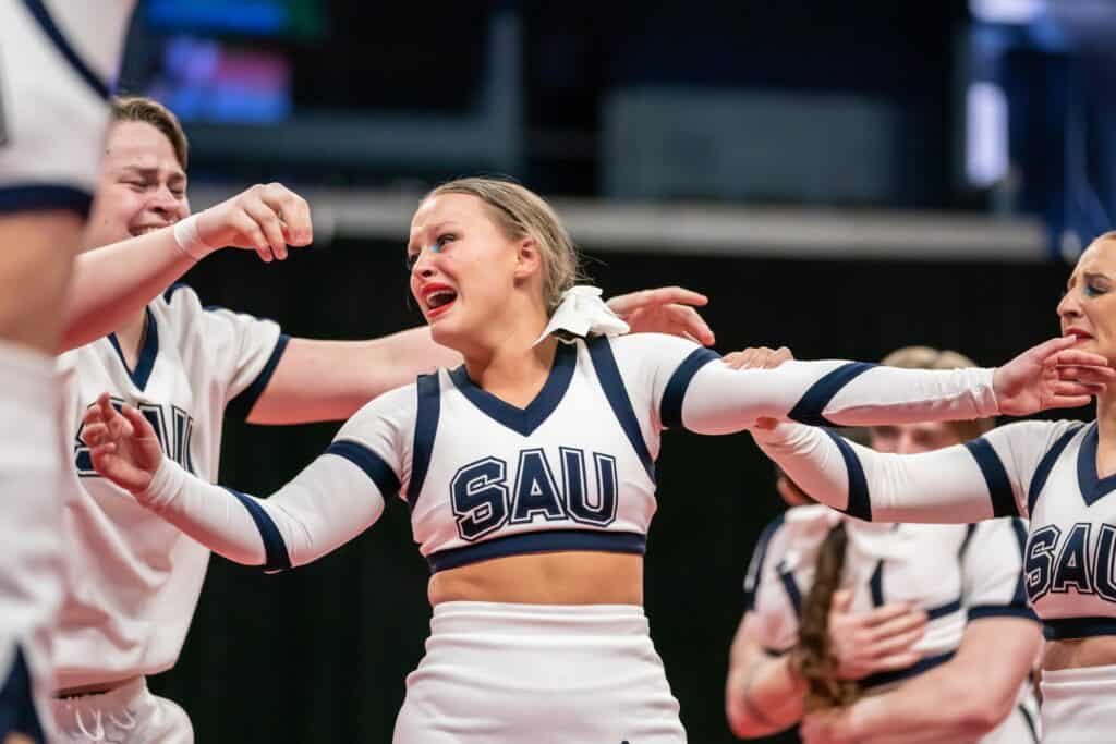 Cheer team members get emotional after finding out they won the National Championship. (Courtesy of saubees.com)