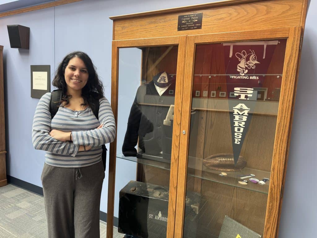 Student with old college apparel.