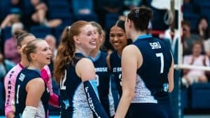 Volleyball players celebrating during a match with spectators in the background.