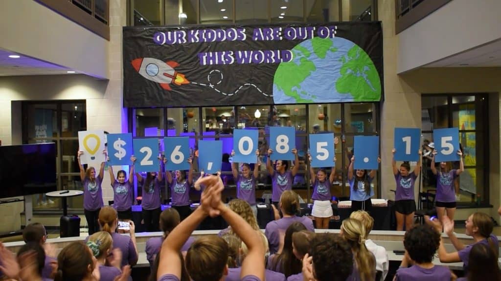 Students hold signs displaying fundraising total at SAU Dance Marathon event.